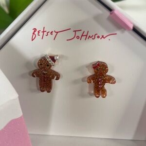 Betsey Johnson Gold Glitter Gingerbread Stud Earrings with Pink Accents